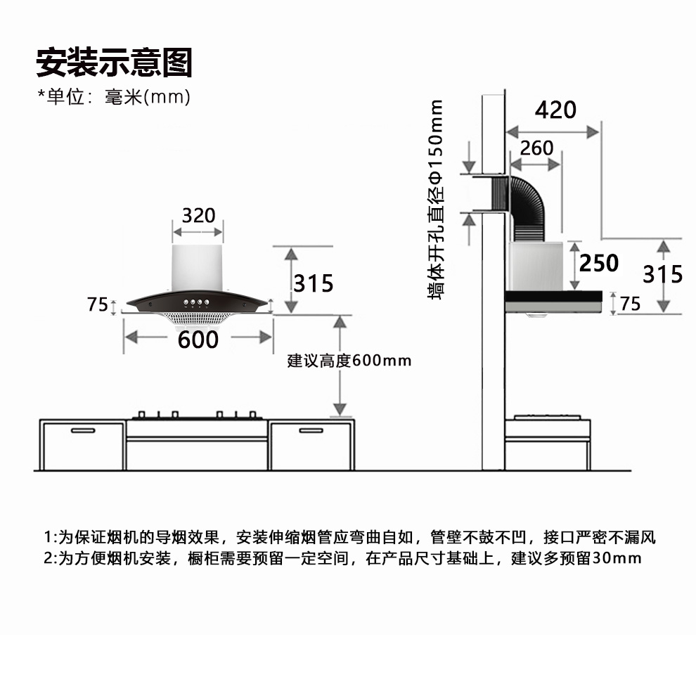 顶吸式烟机安装尺寸，油烟机安装说明图